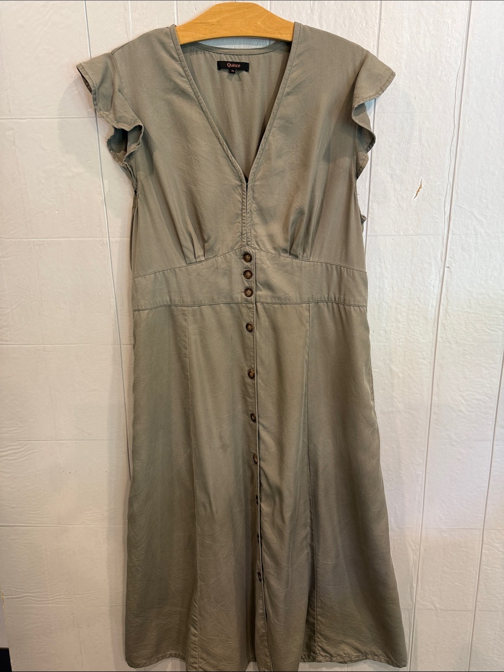 Quince Vintage Wash Khaki Button-Front V-Neck Midi Dress XL